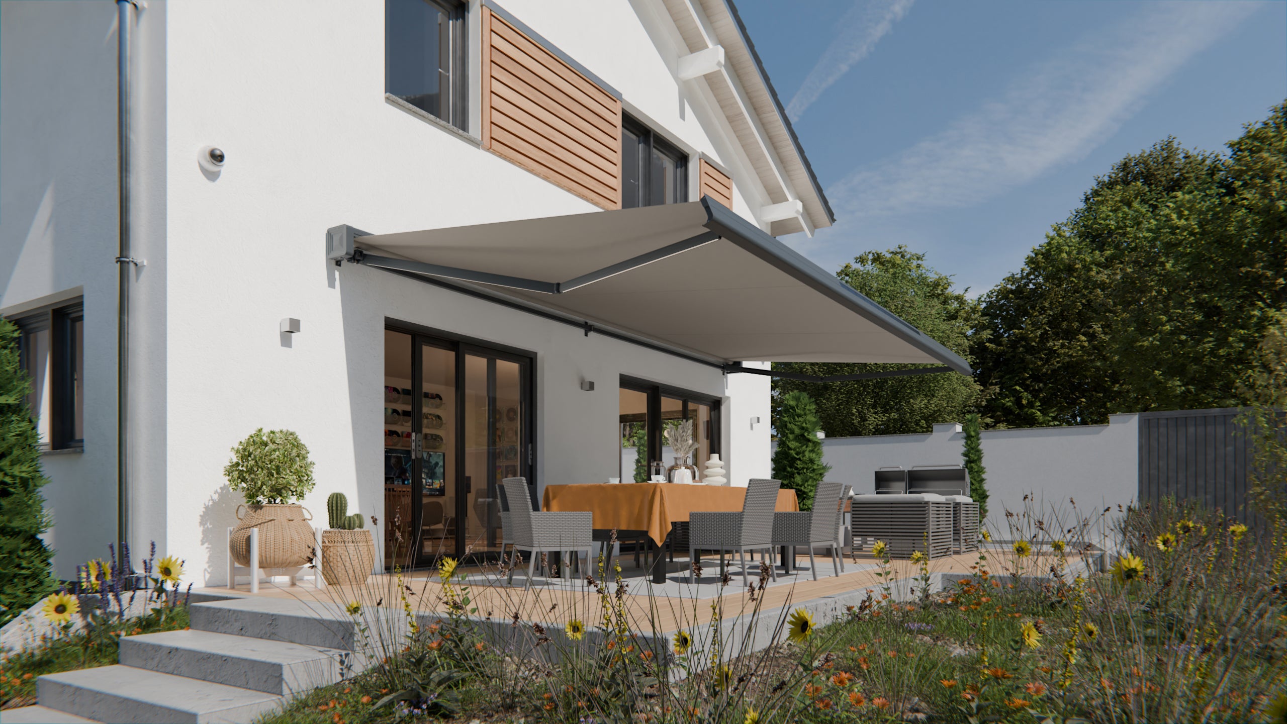 elektrische markise led Solar-Vollkassettenmarkise Hellgrau | Motor & LED